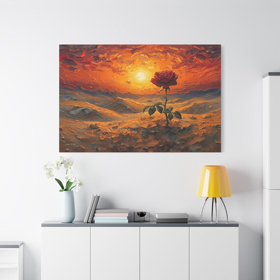 Desert Rose Sunset, Single Red Rose Sunset Canvas Print, Passion Art, Living Room Decor, Modern Wall Decor, Unique Art, Desert Scape.