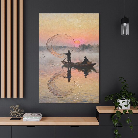 Fishermen Sunrise Canvas Print - Casting Net Canvas - Lake House Decor - Coastal Wall Art - Impressionist River Art - Fisherman Gift