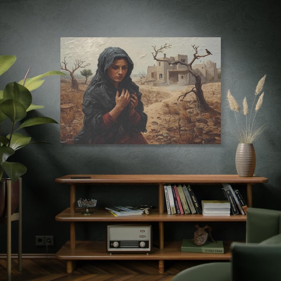 he Catastrophe, Solitary Woman in Torn Landscape Canvas Print, Middle East Art, Emotive Portrait, Rustic Decor, Gallery Wrap.