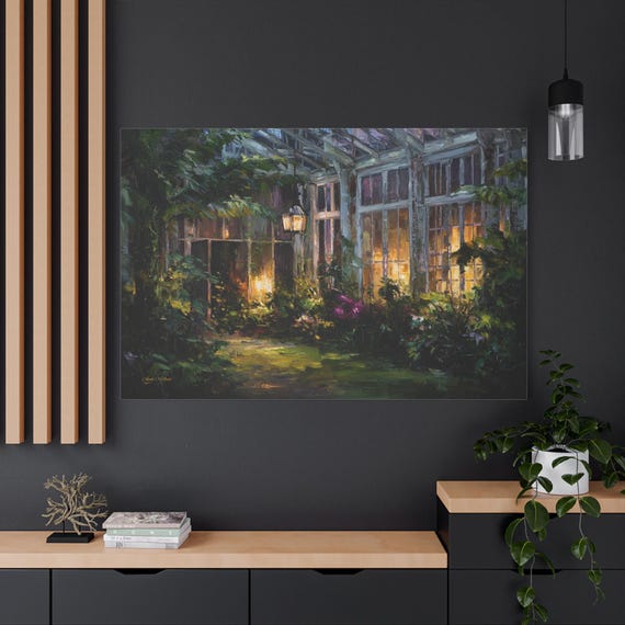 Enchanted Greenhouse Canvas - Botanical Wall Art - Impasto Conservatory Print - Dark Cottagecore Decor - Plant Lover Art - Magical Garden