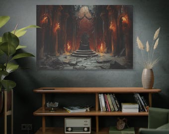 Op de afbeelding: Een canvas print met een troonzaal met een grote troon aan het einde van een stenen pad. De kamer wordt verlicht door fakkels en heeft grote pilaren. Het kunstwerk heeft een donker, fantasiethema.