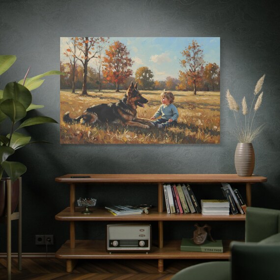 The Golden Bond, Heartwarming Matte Canvas print of Child and Dog, Perfect for Home Decor, Pet Lovers, Kids' Rooms, Family Gift, Wall Art