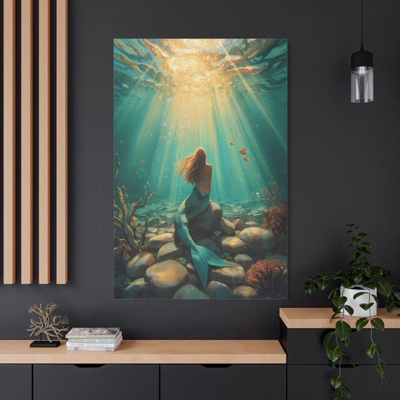Serene Mermaid Underwater Canvas Print - Magical Sunbeam Ocean Art - Impasto Style Fantasy  - Nursery Wall Decor - Golden Hair Mermaid Gift