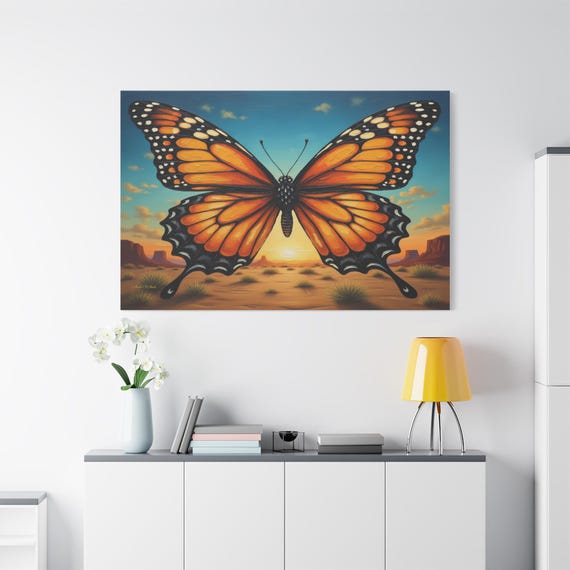 Monarch Butterfly Canvas Print - Impasto Nature Print - Desert Landscape Art - Orange and Blue Wall Decor - Transformation Symbol - Boho Art