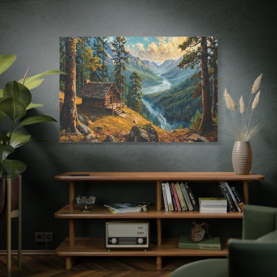 The Mountain Hideaway, Mountain Cabin Landscape Canvas