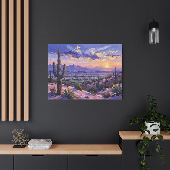 Pastel Desert Sunset Canvas Print - Saguaro Cactus Wall Art - Impasto Landscape Print - Southwestern Boho Decor - Purple Mountain Art