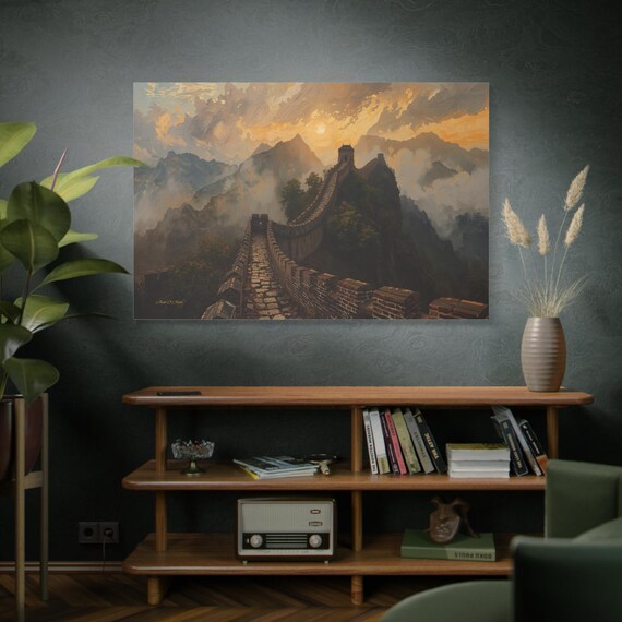 Great Wall of China Canvas Print - Historic Landscape Art - Impasto Sunset Print- Seven Wonders Travel Decor - Mountain View Wall Art