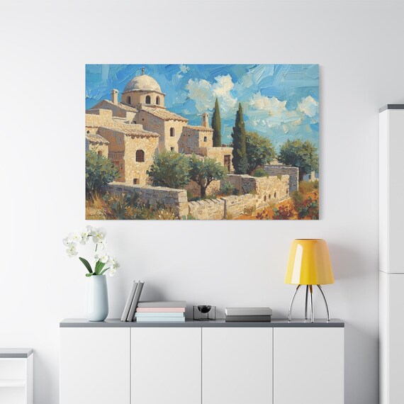 Olive Shadows, Sunlit Walls, Canvas Art Print, Landscape Wall Decor, Rustic Home Aesthetic, Gift for Art Lovers.