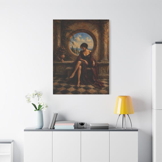 Classical Renaissance Canvas Print - Romantic Italian Landscape Art - Vintage Woman Portrait - Impasto Balcony Decor - Dark Academia Print