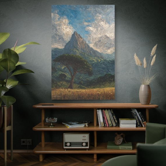 Peak of the Acacia, Mountain Landscape Matte Canvas | Stretched Wall Art, Office Art, Living Room Art, Nature Painting,Rustic Decor.
