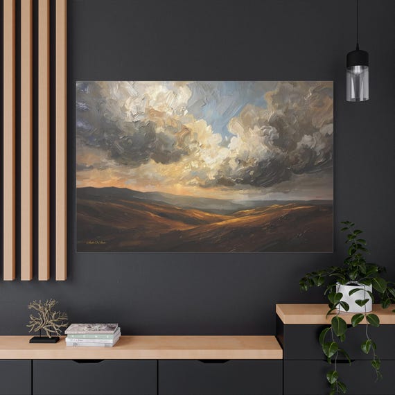 Moody Landscape Canvas - Impasto Cloud Print - Rolling Hills Art - Earth Tone Wall Decor - Golden Hour Sky - Rustic Farmhouse Print