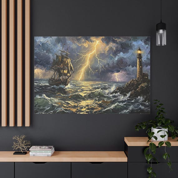 Ship in Storm Canvas Print - Moody Nautical Wall Art - Lighthouse & Lightning Print - Impasto Seascape - Dark Coastal Maritime Decor