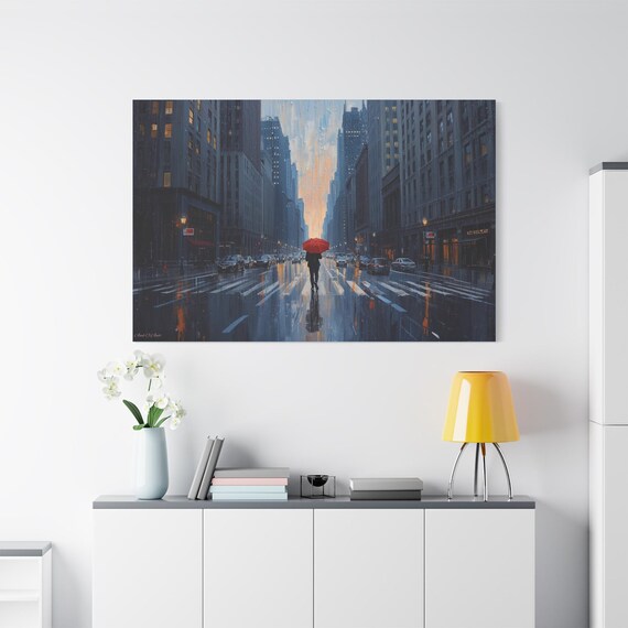 Solitude in Paynes Gray, Canvas Wall Art, Urban Rainy Scene with Red Umbrella, Perfect for Home Decor, Gift for Art Lovers.