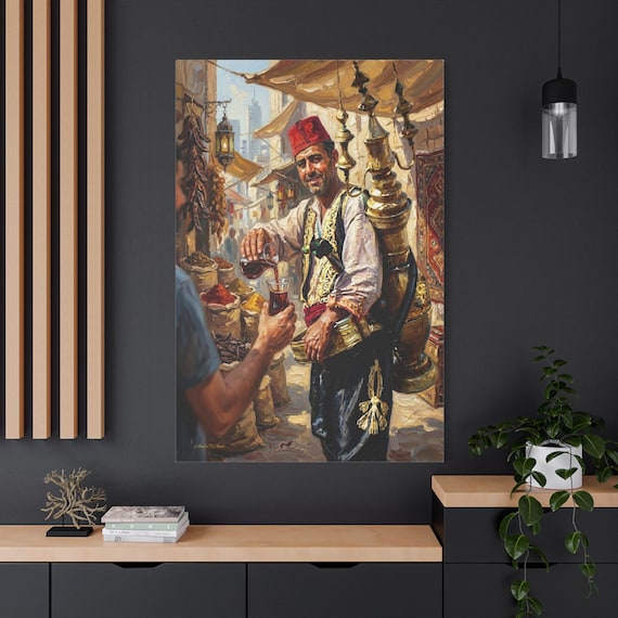 Traditional Market Seller Canvas Print - Middle Eastern Souk Art - Carob & Sherbet Vendor Painting - Impasto Style Cultural Decor.