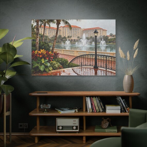 Tropical Fountain Matte Canvas Print - Serene Landscape Wall Art