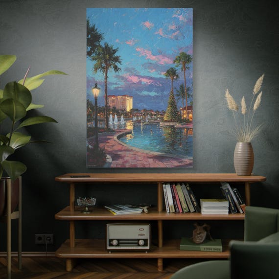 Twilight Over the Fountains, Canvas Wall Art, Stretched Artwork for Home Decor, Vibrant Landscape Painting, Ideal Gift for Art Lovers.