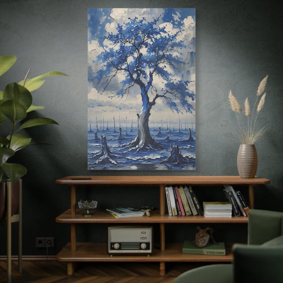 Azure Sentinel, Blue Tree Landscape Canvas Print,  Matte Stretched Wall Art, Surreal landscape, Celestial Tree, Living Room Art.