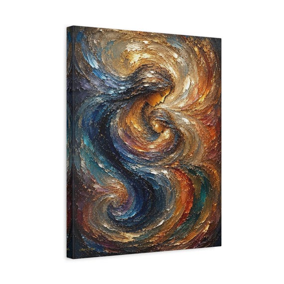 Abstract Mother and Child Canvas Print - Swirling Impasto Wall Art - Gold and Blue Family Decor - Kinetic Love Portrait - Modern Nursery Art