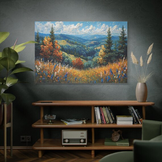 Mountain Meadow Canvas Print - Alpine Wildflower Landscape - Impasto Autumn Nature Print - Rustic Cabin Decor - Valley View Wall Art