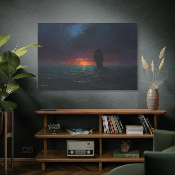 Moody Ship at Sunset Canvas Print - Dark Coastal Wall Art - Vintage Maritime Print - Impasto Ocean Seascape - Dark Academia Decor
