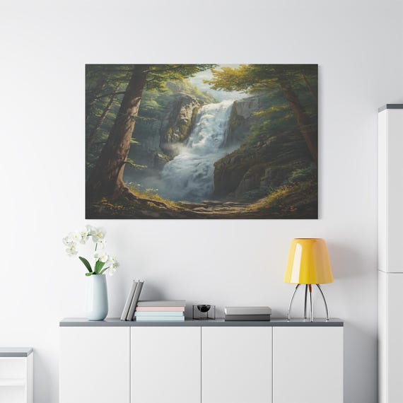 Majestic Forest Waterfall Canvas Print - Impasto Nature Landscape - Large Green Wall Art - National Park Style Decor - Serene Zen Painting