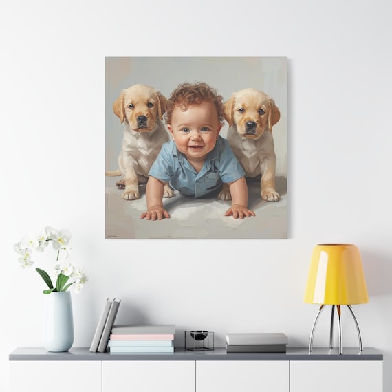 First Companions, Baby and Puppy Canvas Wall Art, Kids Room Decor, Unique Gift for Animal Lovers, Nursery Wall Art, Pet Lover Decor