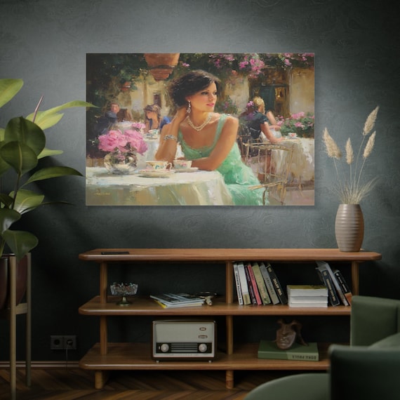 Vintage Cafe Woman Canvas Print - Elegant Lady Portrait Art - Impressionist Tea Party Decor - Mint Green Dress Canvas - Romantic Wall Art