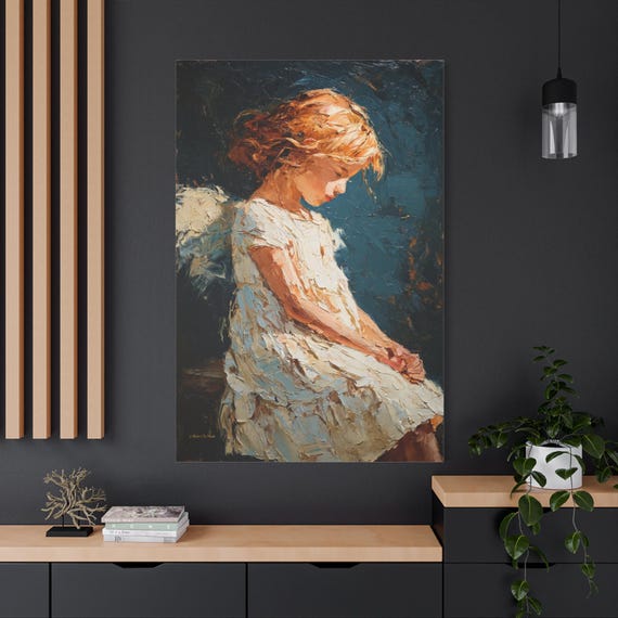 Angelic Little Girl Canvas - Impasto Portrait Print - Echo of Innocence Art - Spiritual Wall Decor - Guardian Angel Print - Nursery Art