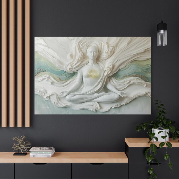 3D Look Meditating Figure Canvas - Minimalist Zen Wall Art - Sage Green Spa Decor - Impasto Yoga Print - Heart Chakra Art - Plaster Effect