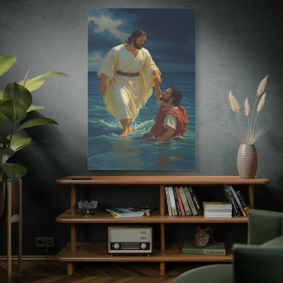 The Hand of Rescue, Jesus Walking on Water Canvas Print, Biblical Scene, Devotional Art, Miracle of Christ, Religious Print.