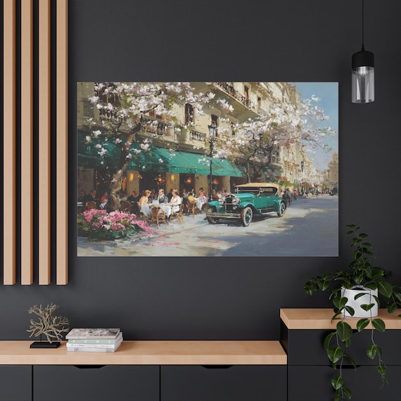 Vintage European Cafe Canvas Print - Impressionist Street Scene - Classic Green Car Art - Paris Spring Blossoms - Impasto Cityscape Decor