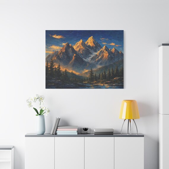 Mountain Peak Canvas Print - Majestic Alpine Wall Art - Heavy Impasto Landscape Print - Modern Cabin Decor - Golden Hour Wilderness Canvas