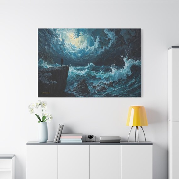 Epic Ocean Storm Canvas - Moody Seascape Art - Impasto Wave Print - Solitary Figure Wall Decor - Resilience Art Print - Dark Blue Decor