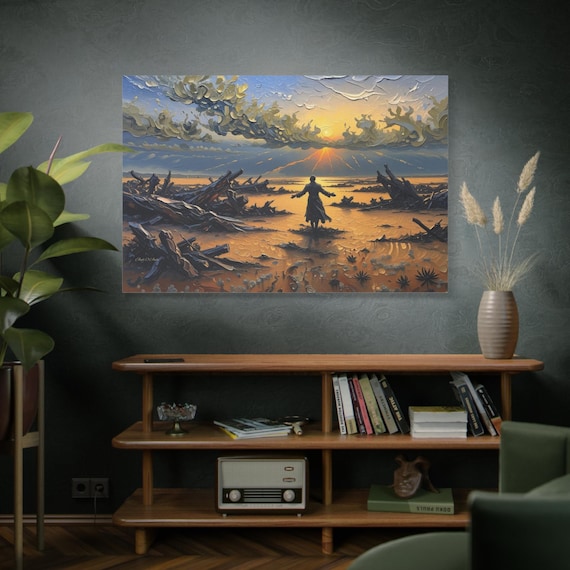 Dawn of Reckoning, Post-Apocalyptic Sunrise Landscape, Matte Canvas Print, Moody Decor, Ruin Landscape, Fantasy Art, Emotive Artwork.