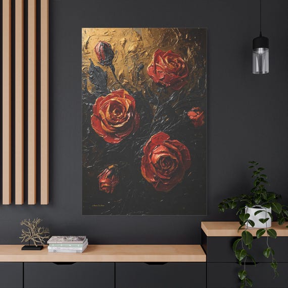 Red Rose Canvas Print - Dark Floral Wall Art - Moody Impasto Print - Gothic Romance Decor - Black and Gold Art - Textured Look Flower