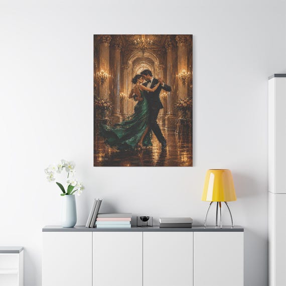 Romantic Dancing Couple Canvas - Emerald Green Dress Wall Art - Ballroom Dance Print - Impasto Gold Palace Decor - Elegant Romance Canvas