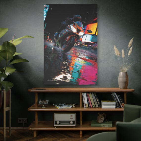 Midnight Drift, Vibrant Motorcycle Art Print, Colorful Canvas Wall Decor, Biker Gift, Home Decor, Motorcycle Lover's Art