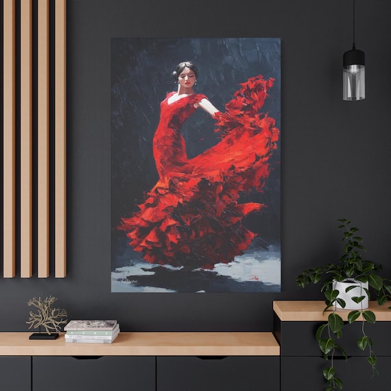 Flamenco Dancer Canvas Print - Lady in Red Wall Art - Impasto Style Spanish Dance Painting - Passionate Home Decor - Romantic Gift
