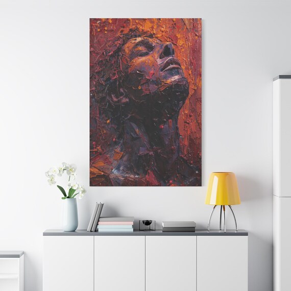 Abstract Portrait Canvas Print - Impasto Face Canvas - Red and Orange Wall Art - Expressive Man Portrait - Textured Look Decor - Moody Art