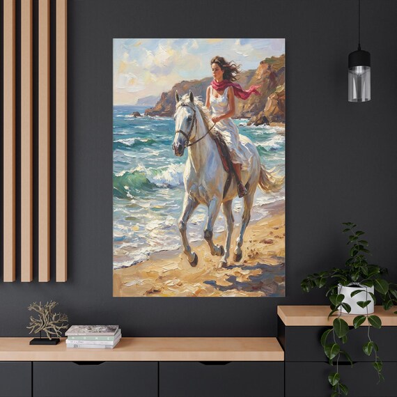 Vertical White Horse Canvas - Coastal Equestrian Wall Art - Woman Riding Horse Impasto Print - Romantic Ocean Decor - Free Spirit Beach Art