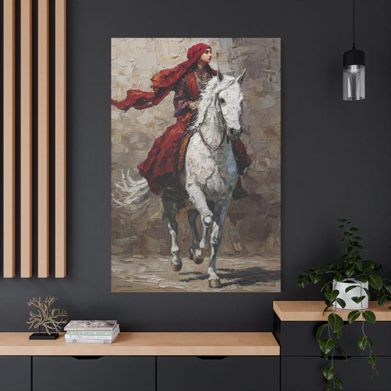 Crimson Wind, White Steed, Art Canvas, Horse Lover Gift, Rustic Home Decor, Wall Art for Living Room, Gallery Style Canvas.
