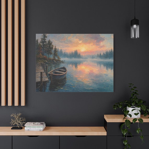 Misty Lake Canvas Print - Serene Rowboat Wall Art - Impasto Sunrise Print - Rustic Lakehouse Decor - Moody Nature Artwork - Zen