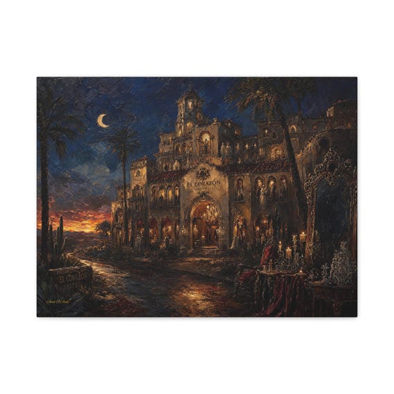 Moody Hotel Canvas Print - Dark Academia Wall Art - El Corazon Hotel Print - Impasto Spanish Revival Decor - Gothic Romance Fine Art