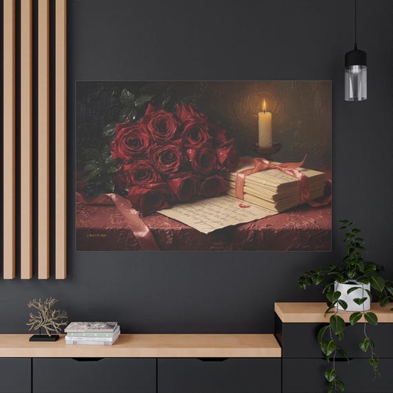 Romantic Red Roses and Love Letters Canvas Print, Impasto Style Candlelight Decor - Anniversary Gift - Dark Academia Art