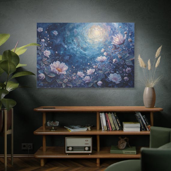 Celestial Night Garden - Dreamy Blue Botanical Print