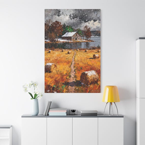 Winter Landscape Canvas Wall Art: Rustic Farmhouse Decor (40x60)
