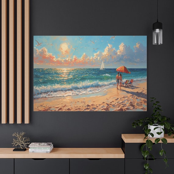 Golden Summer, Sunset Beach, Couple Canvas, Beach Wall Art,  Summer Decor,  Coastal Living,  Romantic Gift,  Ocean Landscape, Sailboat Print