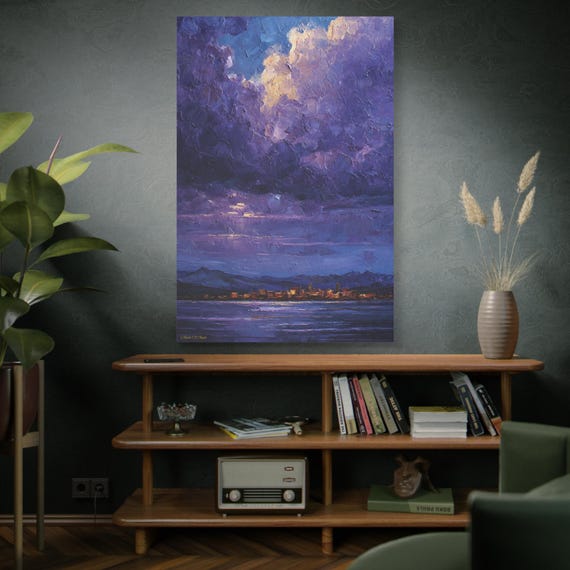 Violet Tempest, Stretched Canvas Art Print, Wall Decor, Home Decor, Gift for Art Lovers, Purple Sky Painting, Modern Decor
