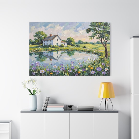 Spring Farmhouse Canvas Print - Impasto Country Landscape - Cottagecore Wall Decor - Wildflower Meadow Print - Nature Reflection Art