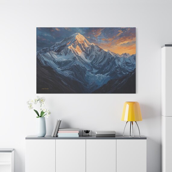 Majestic Mountain Peak Canvas Print - Golden Sunset Alpenglow Art - Impasto Snow Landscape - Hiking & Nature Decor - Adventure Gift
